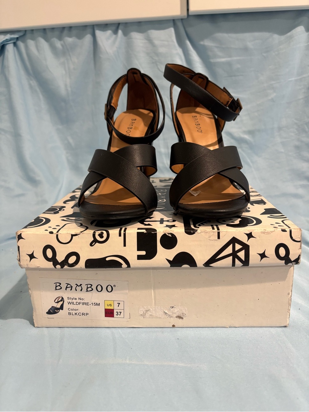 BAMBOO Black Crisscross Ankle-Strap Heels